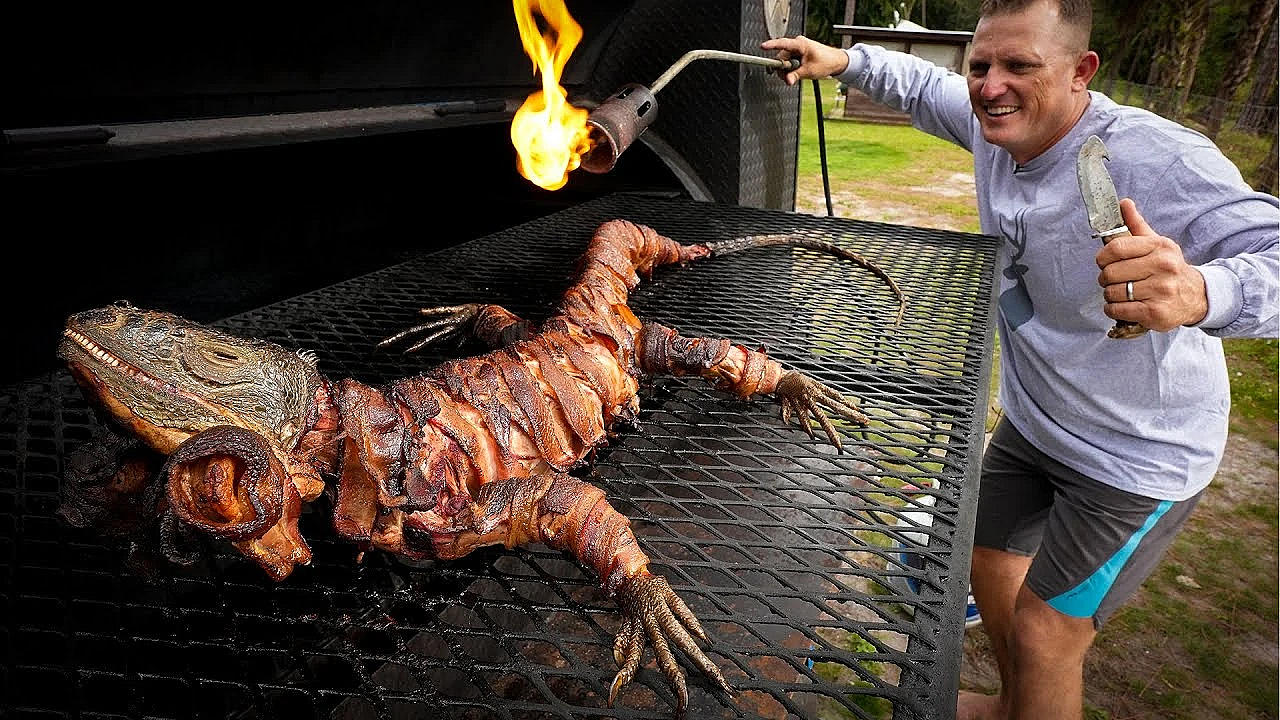 Giant Iguana Cooked Whole {catch Clean Cook} Bacon Wrapped Lizard