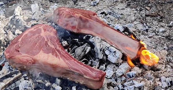 T Bone steak cooked on the coals Campfire Cooking with Josh James Charlie Sonny NZ Adventure VLOGS